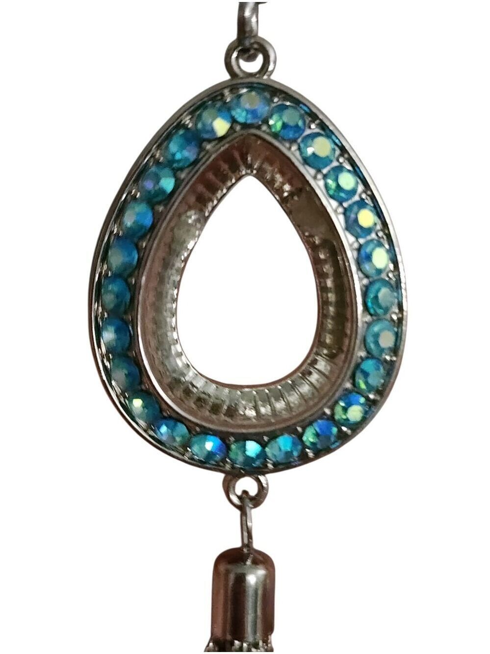 Silvertone Teardrop Blue AB Crystal Dangle Tassel Pendant Necklace C1946